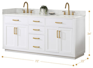 Gavino Vanity With Grain White Composite Stone Top, White/Brushed Gold, 72", No Mirror