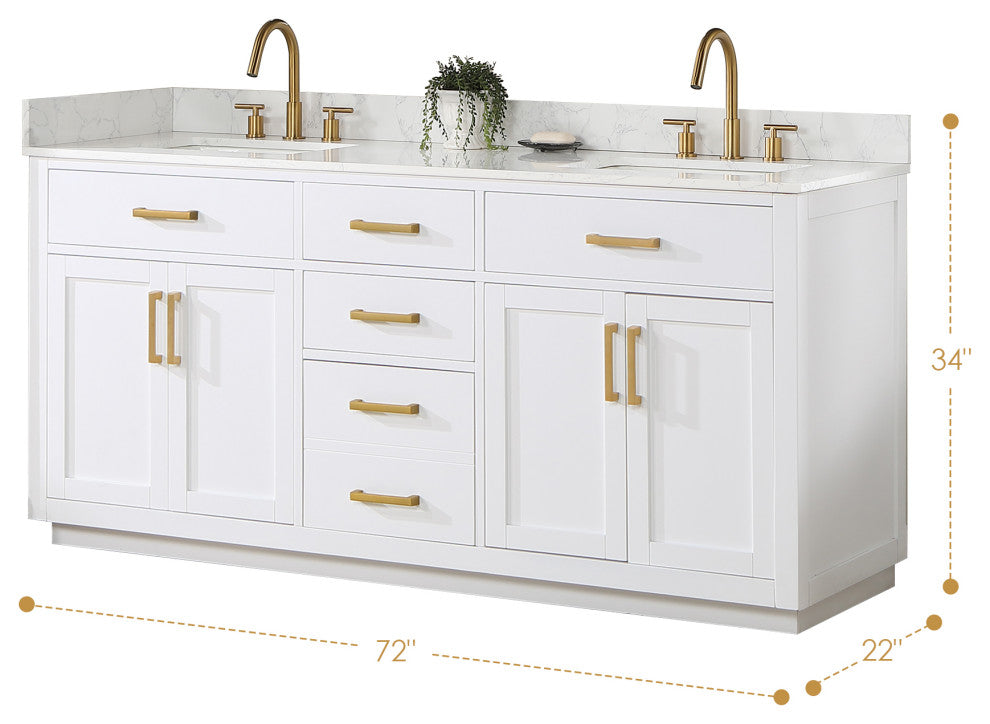 Gavino Vanity With Grain White Composite Stone Top, White/Brushed Gold, 72", No Mirror