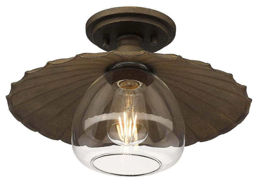 1 Light 14" Flush Mount, Dark Rust With Clear Glass Shade