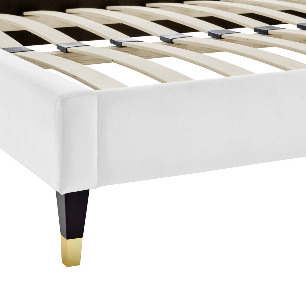 Platform Bed Frame, Queen Size, White, Velvet, Modern, Bedroom Guest Suite