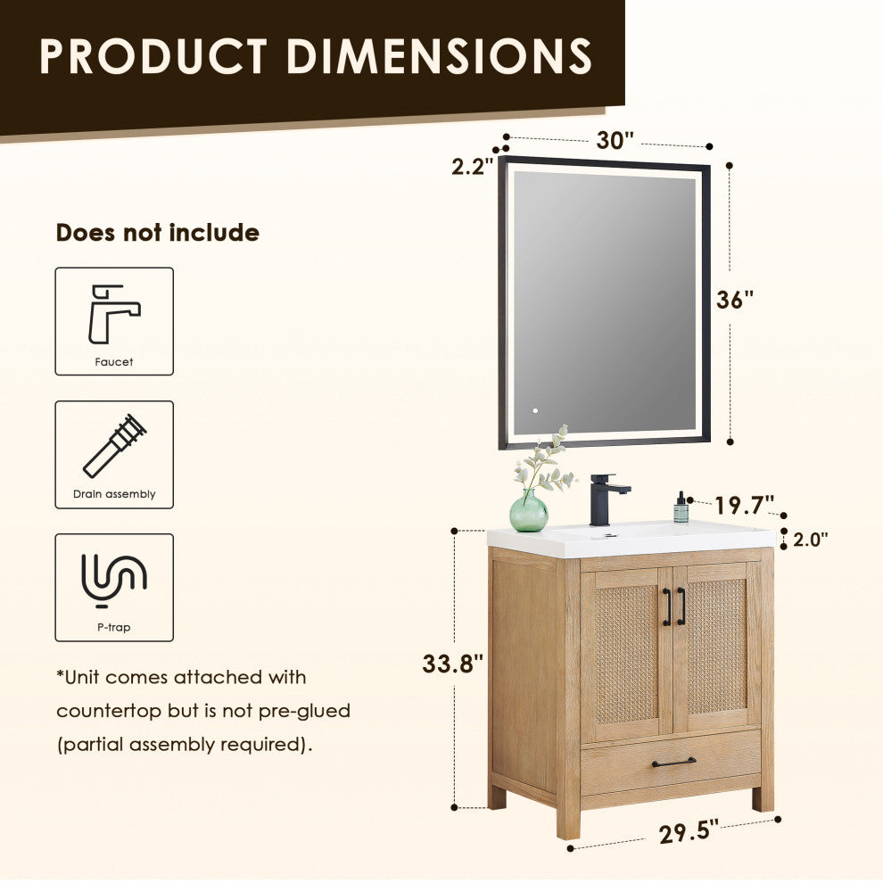 Bondi Single Bath Vanity, Light Brown, 30inch, With Mirror