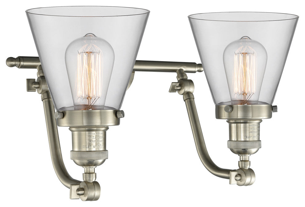 Small Cone 2-Light Bath Fixture, Clear Glass, Satin Brush Nickel, Incandescent