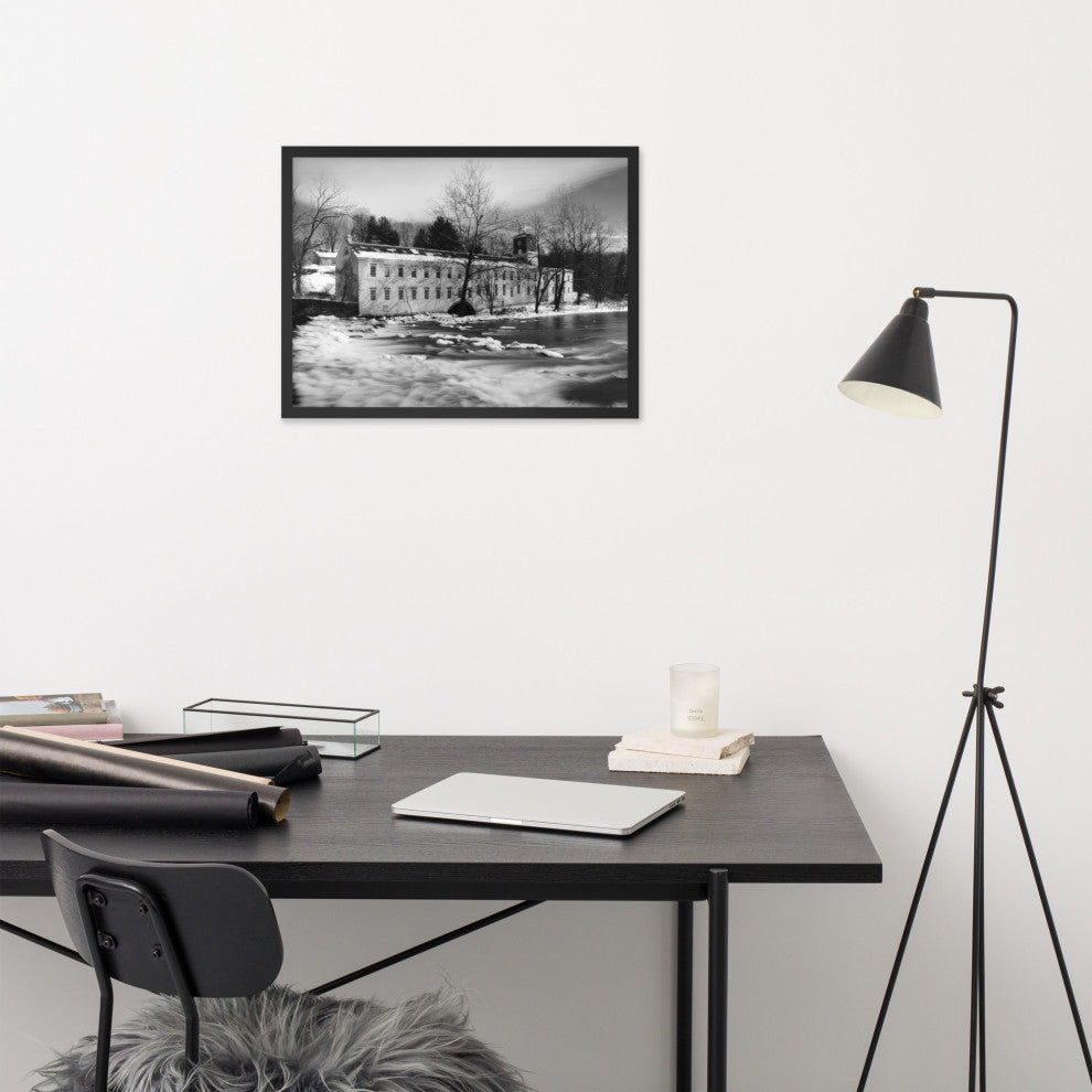 Winter at Powder Mill Rural Landscape Framed Photo Paper Wall Art Prints, Black, 18" X 24"