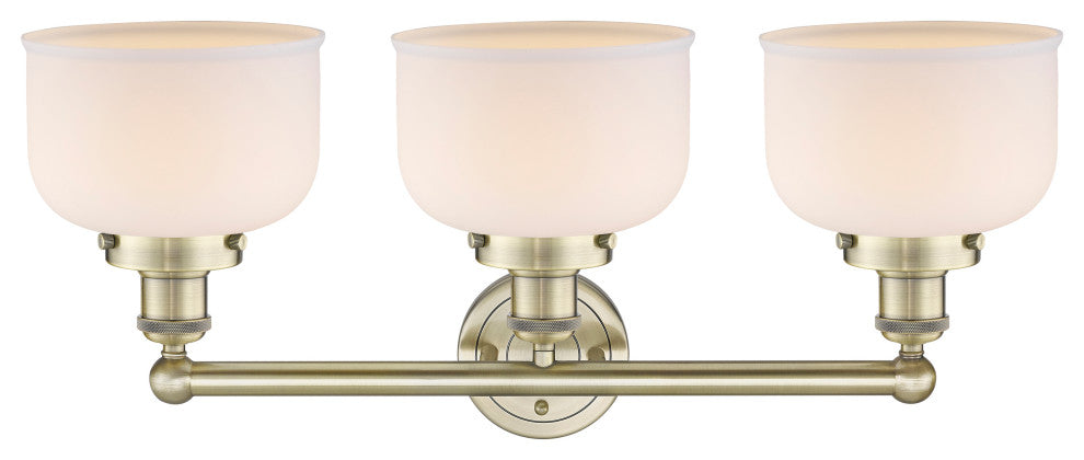 Edison Large Bell 3-Light 25" Vanity Light, Antique Brass With Matte White Shade