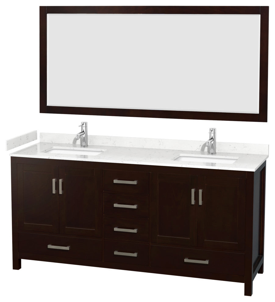 72"DBL Vanity Espresso, Carrara Cult. Marble Countertop, Sinks, 70"Mirror