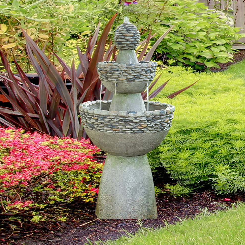 Outdoor Stone-Look 3-Tier Floor Fountain Gray