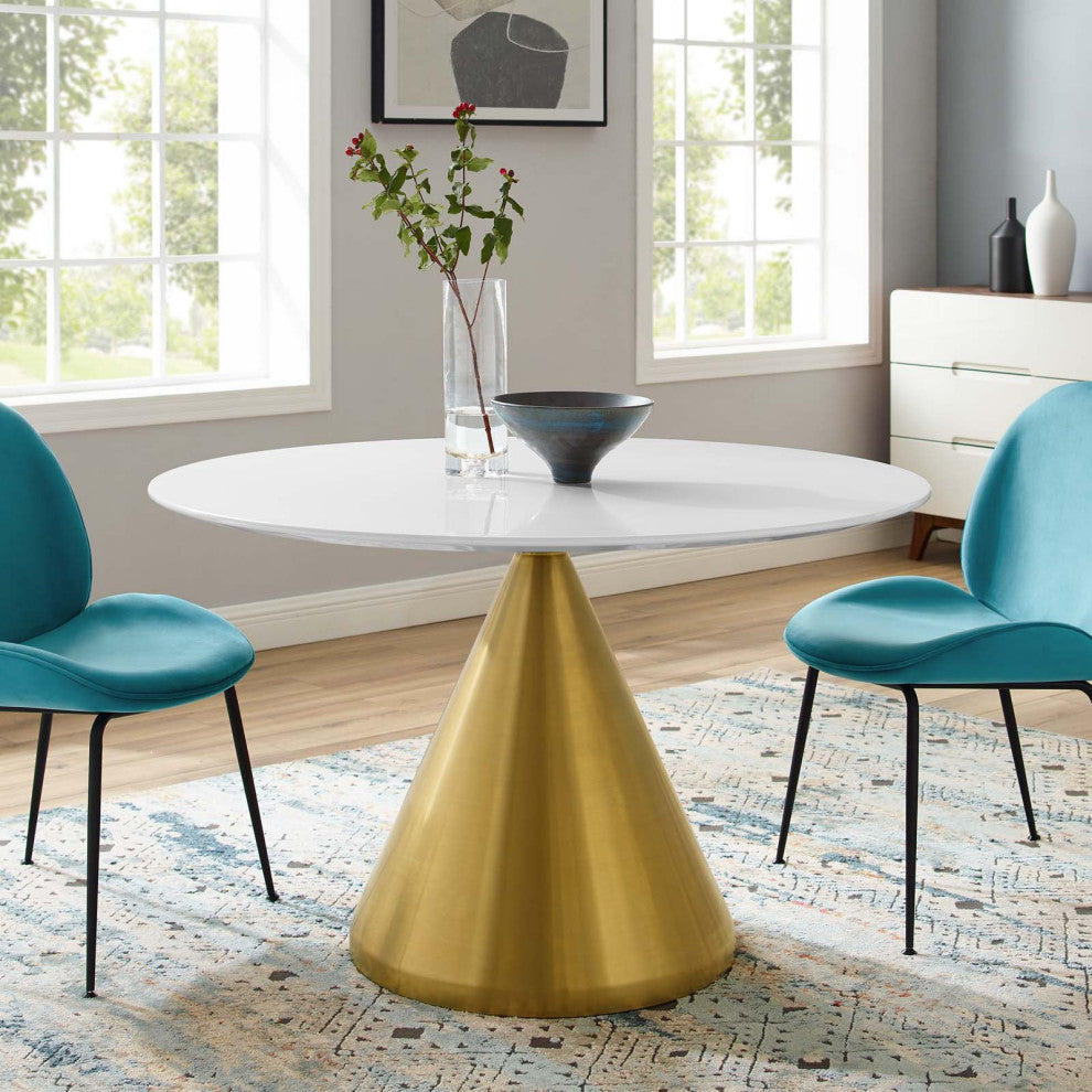 Dining Table, Round, Wood, Metal, Gold White, Modern, Cafe Bistro Restaurant