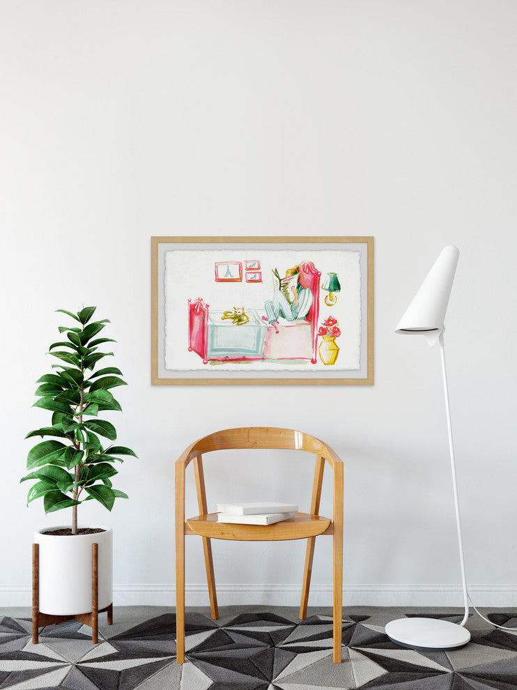 "Reading with the Cat" Framed Painting Print, 18"x12"