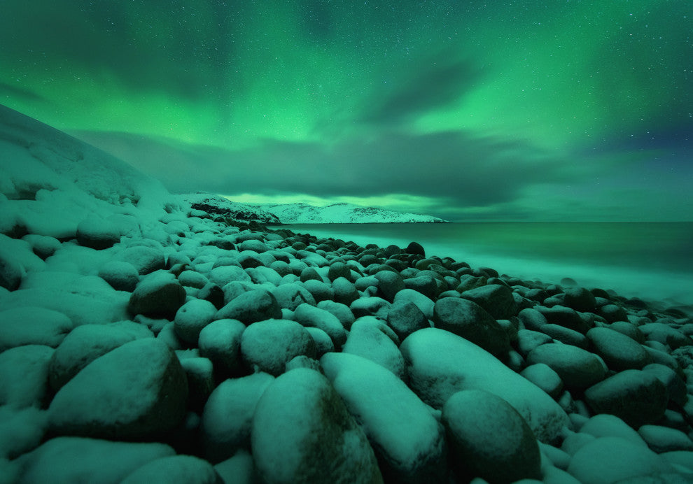 Aurora Borealis Over Ocean Night Seascape Landscape Photo Canvas Wall Art Print, 16" X 20"