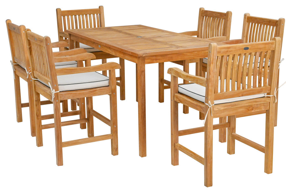 7 Piece Teak Elzas 71" Rect. Bistro Counter Set, 6 Counter Stools, Arms