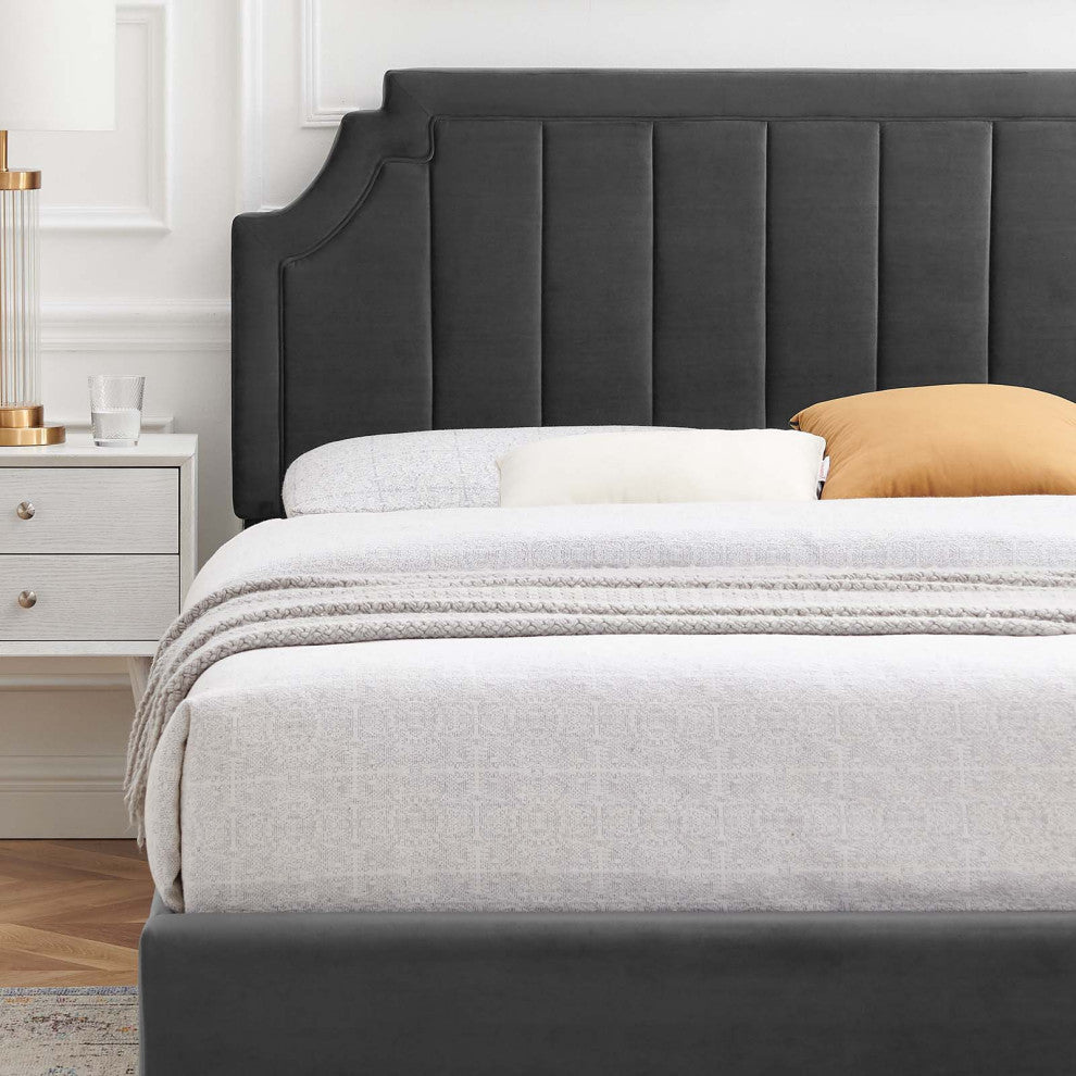 Platform Bed Frame, Queen Size, Velvet, Dark Gray, Modern Contemporary