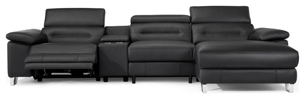 Monaco Black Reclining Leather Sectional with Console, Right Chaise
