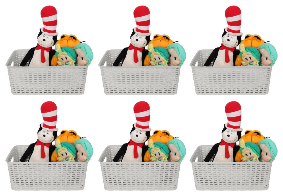 Plastic Rattan Storage Box Basket Organizer, White, Small-Pack of 6