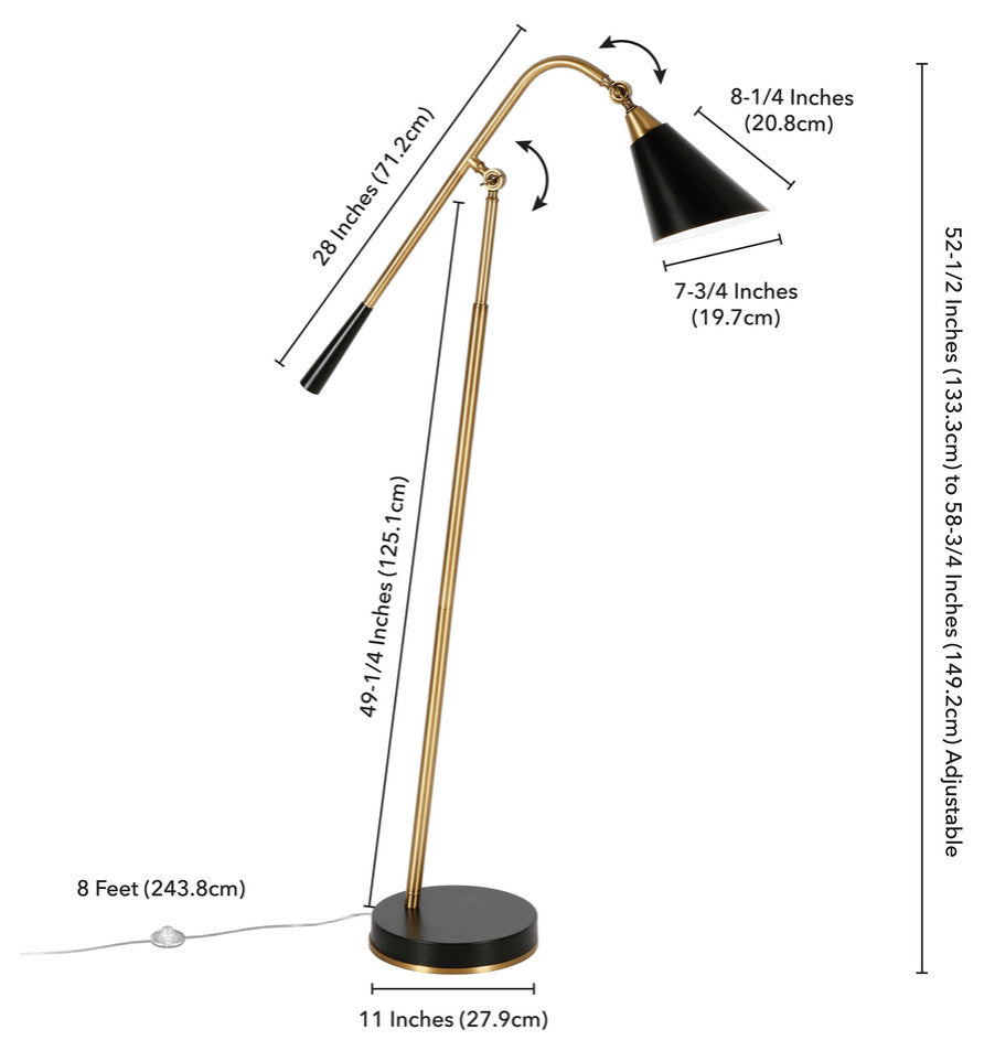 52" Black Swing Arm Floor Lamp With Black Cone Shade
