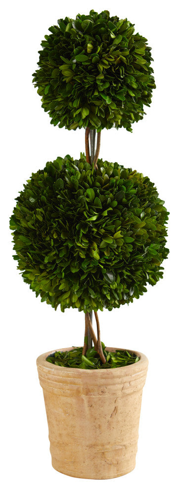 Full product on a uniform white background; front-facing view of the double ball topiary in the planter.
