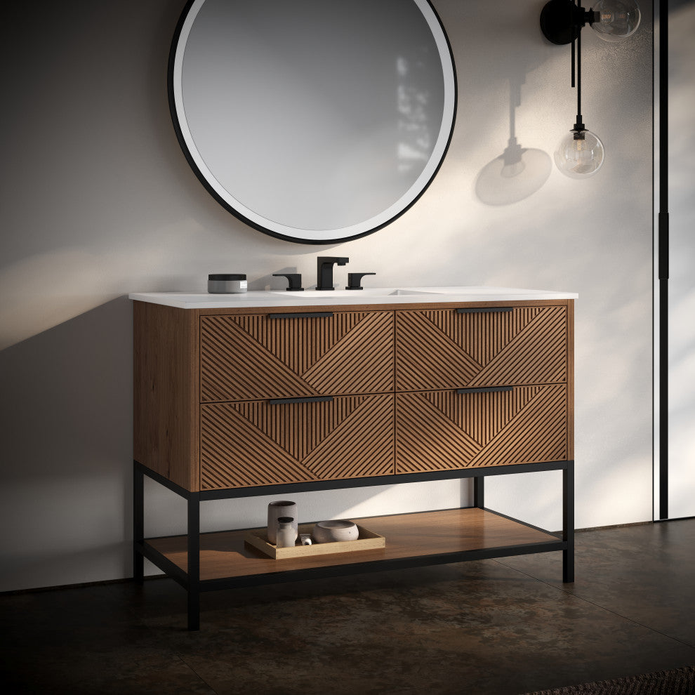 Diamond 48" Bath Vanity, Walnut/Matte Black, 48", White Quartz Top