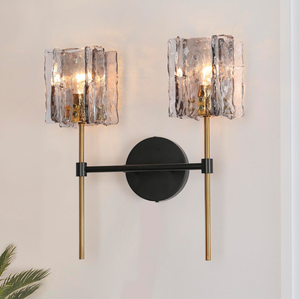 LNC Tucana Polished Gold and Matte Black Modern Wall Sconce, Textured Glass, 2 Lights