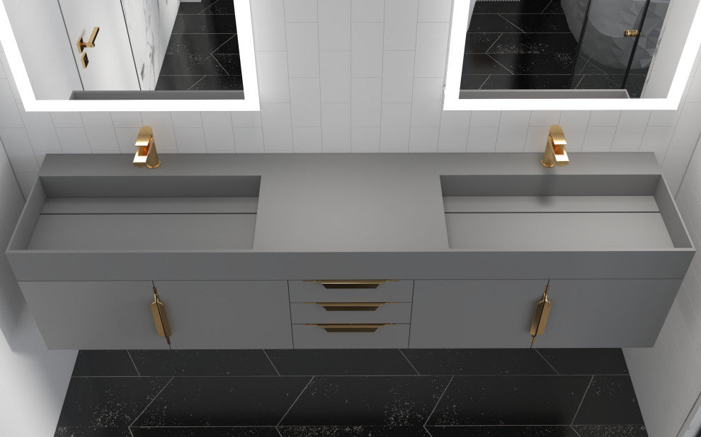 CastelloUSA Amazon 84" Wall Mounted Vanity Set, Gray, Gray Top, Gold Handles