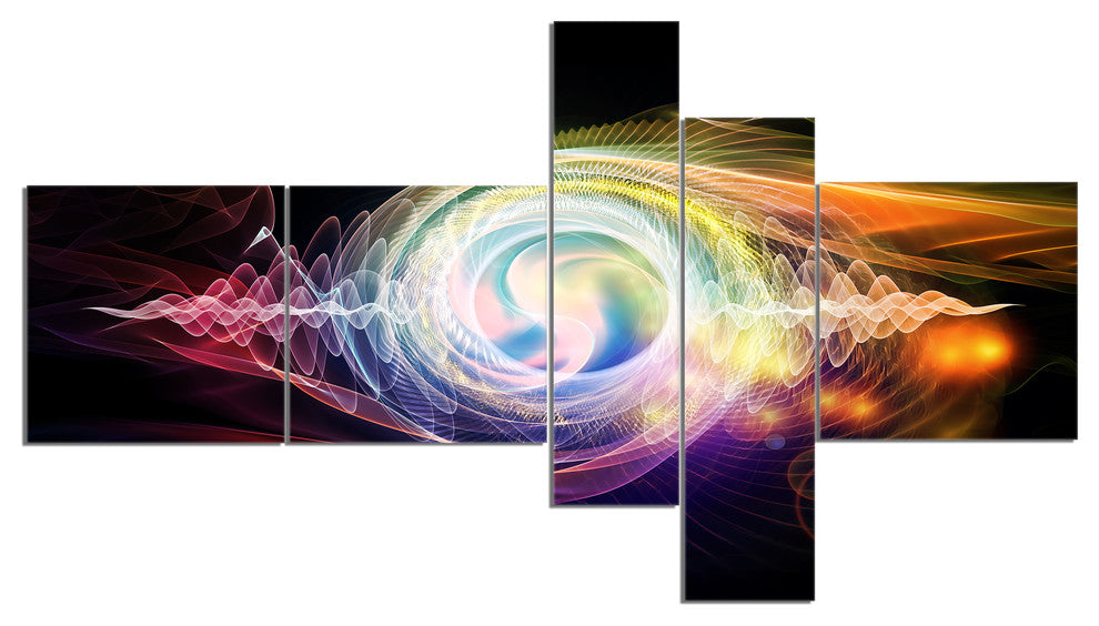 Bright Wave Particle in Air on Black, Abstract Canvas Art, 60"x32", 5 panels