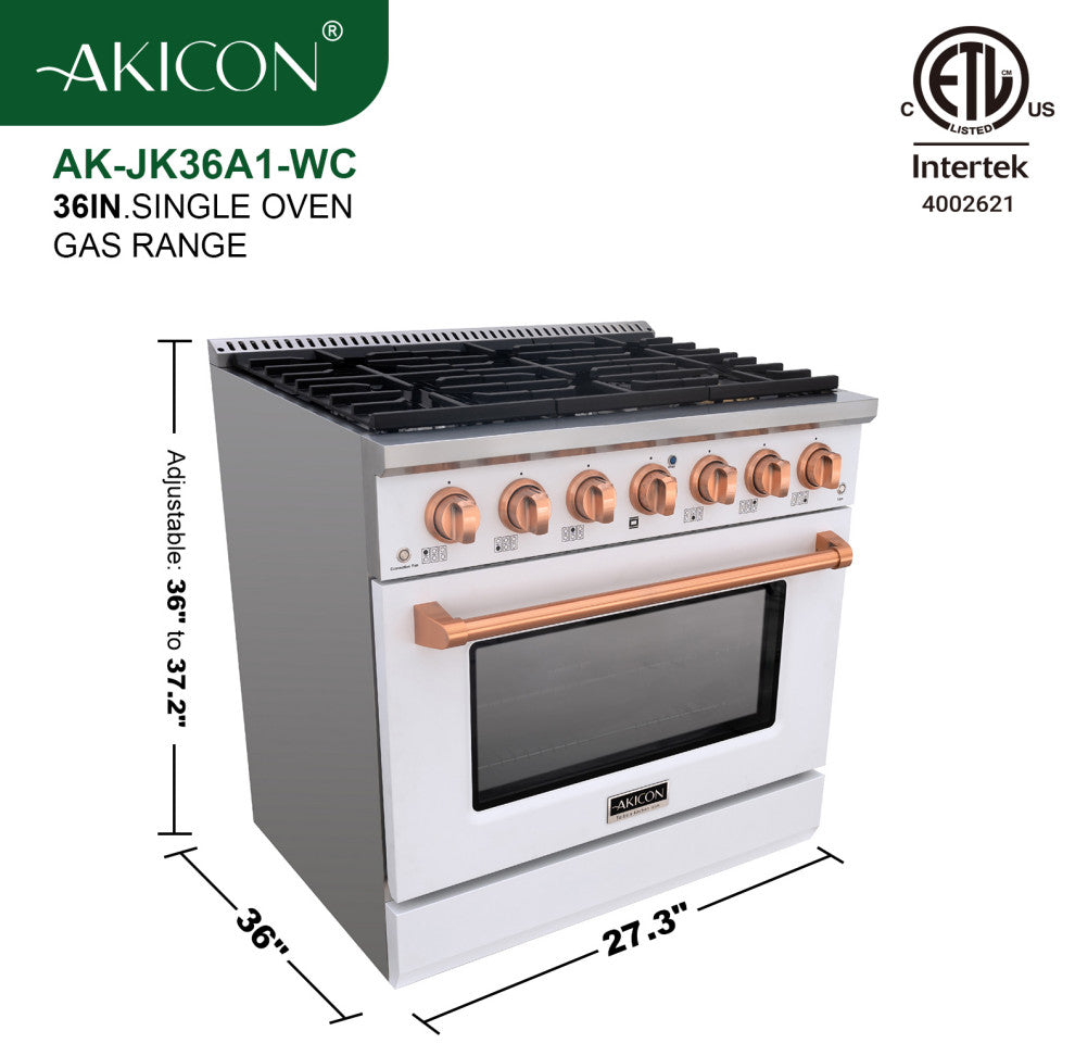 36" Slide-in Freestanding Gas Range & 5.2 Cu. Ft. Oven, 6 Burners. White, White & Copper, 36"