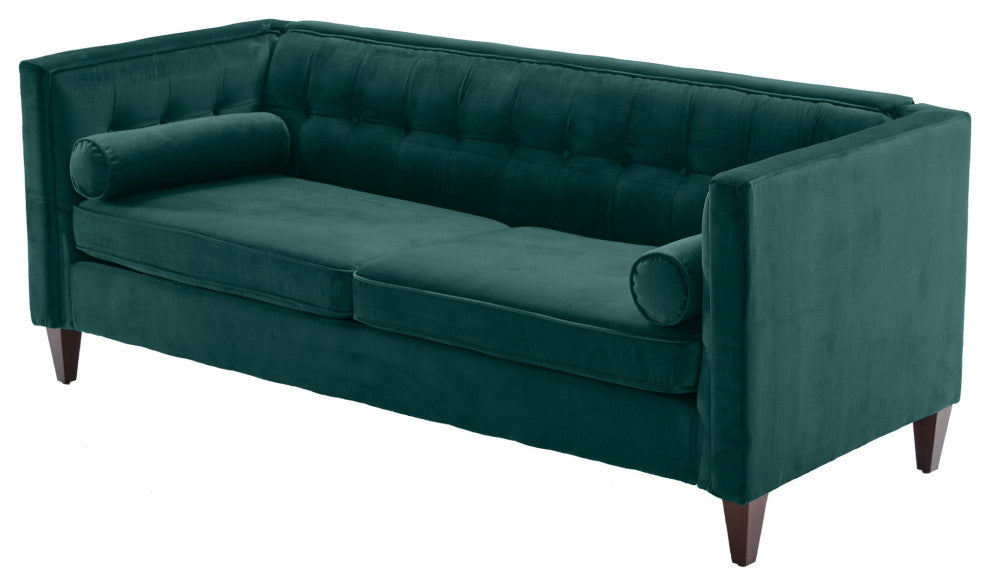 Teal Velvet Upholstered Sofa With Bolster Pillows