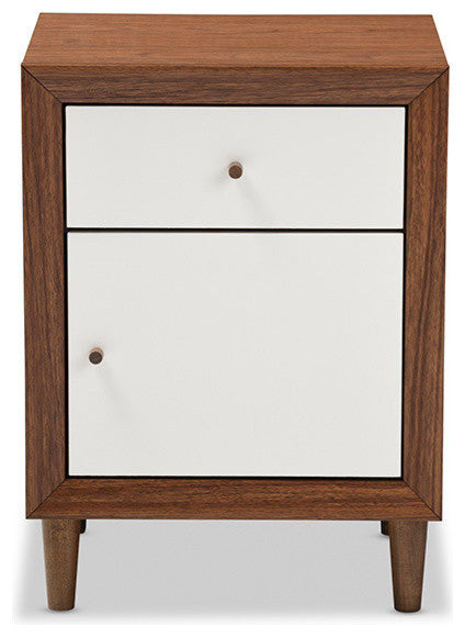 Harlow Mid-Century White and Walnut Wood 1-Drawer/1-Door Nightstand