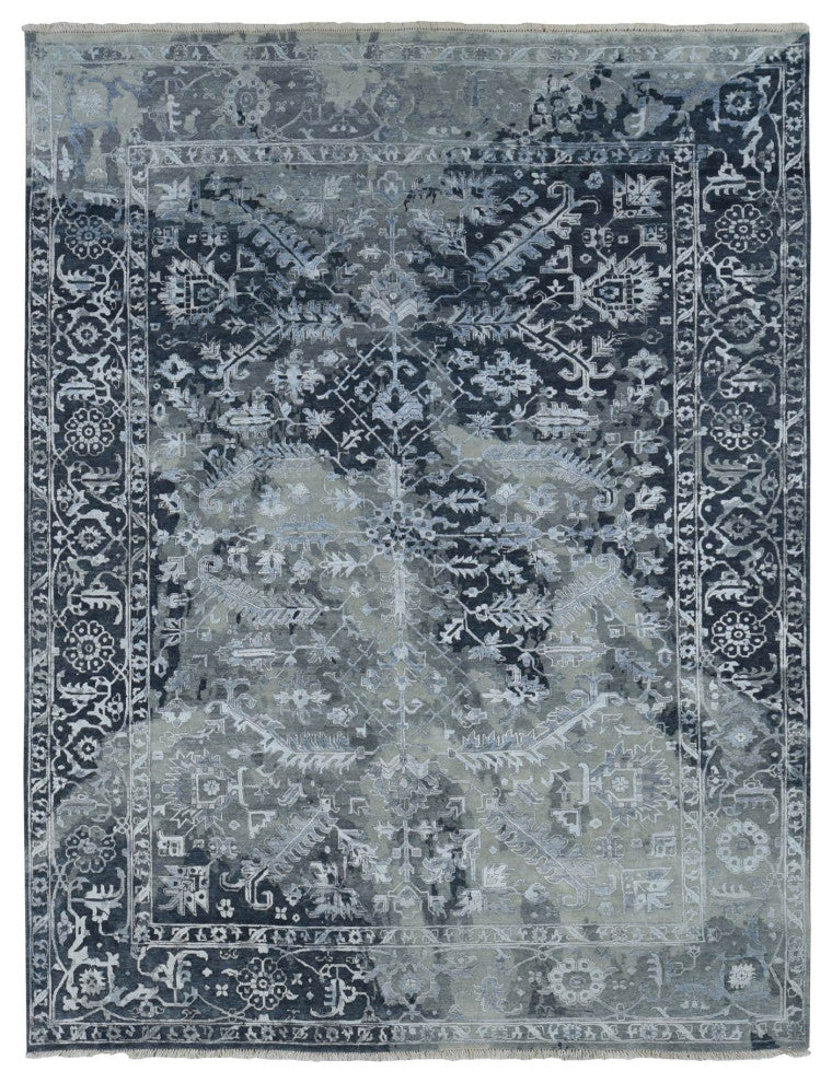 Gray Wool And Silk Broken and Erased Heriz Design Hand Knotted Rug 9'x11'10"