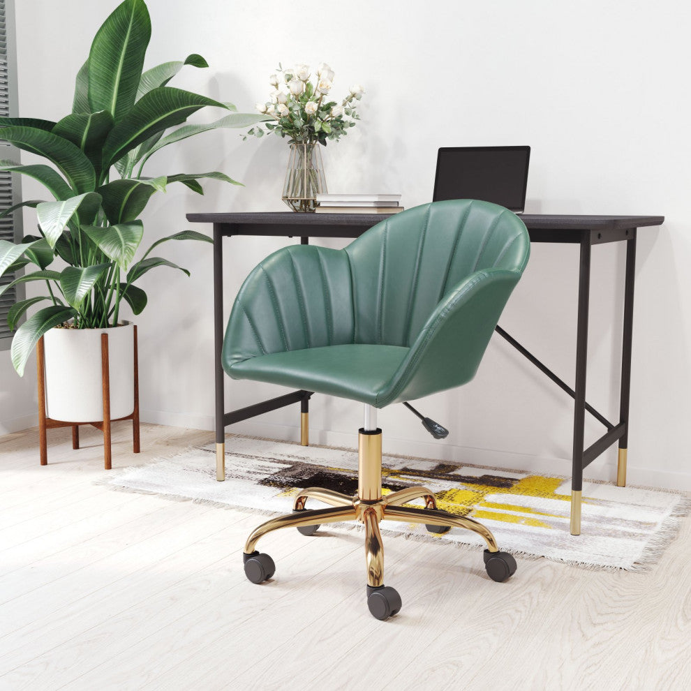 Computer Chair, Faux Vinyl Leather, Steel, Green, Gold, Home Business Office