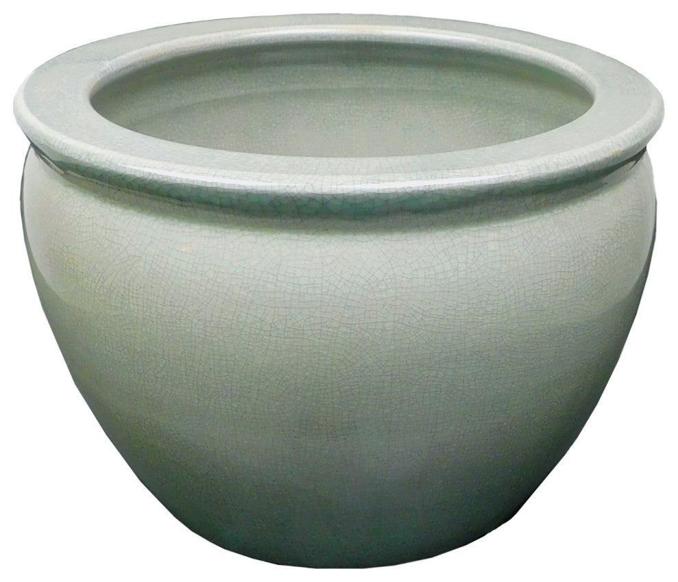 Chinese Porcelain Fish Bowl Planter, Celadon Crackle, 10"