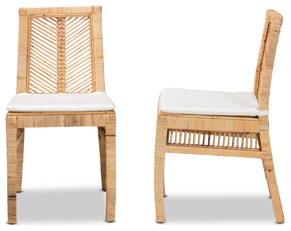 Suci Modern Bohemian Natural Brown Rattan 2-Piece Dining Chair Set