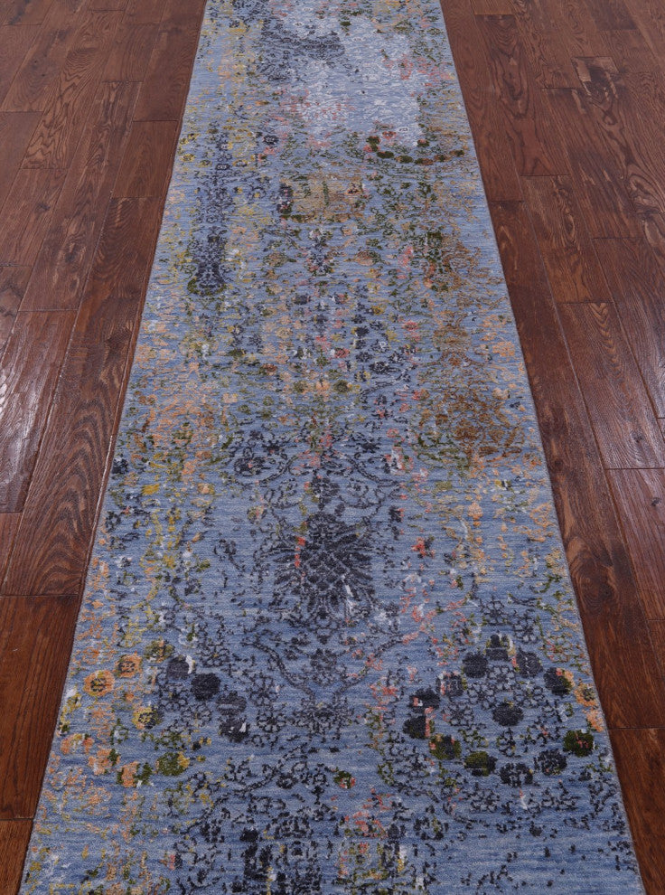 2' 7" X 12' 1" Runner Handmade Modern Wool and Silk Rug Q11836