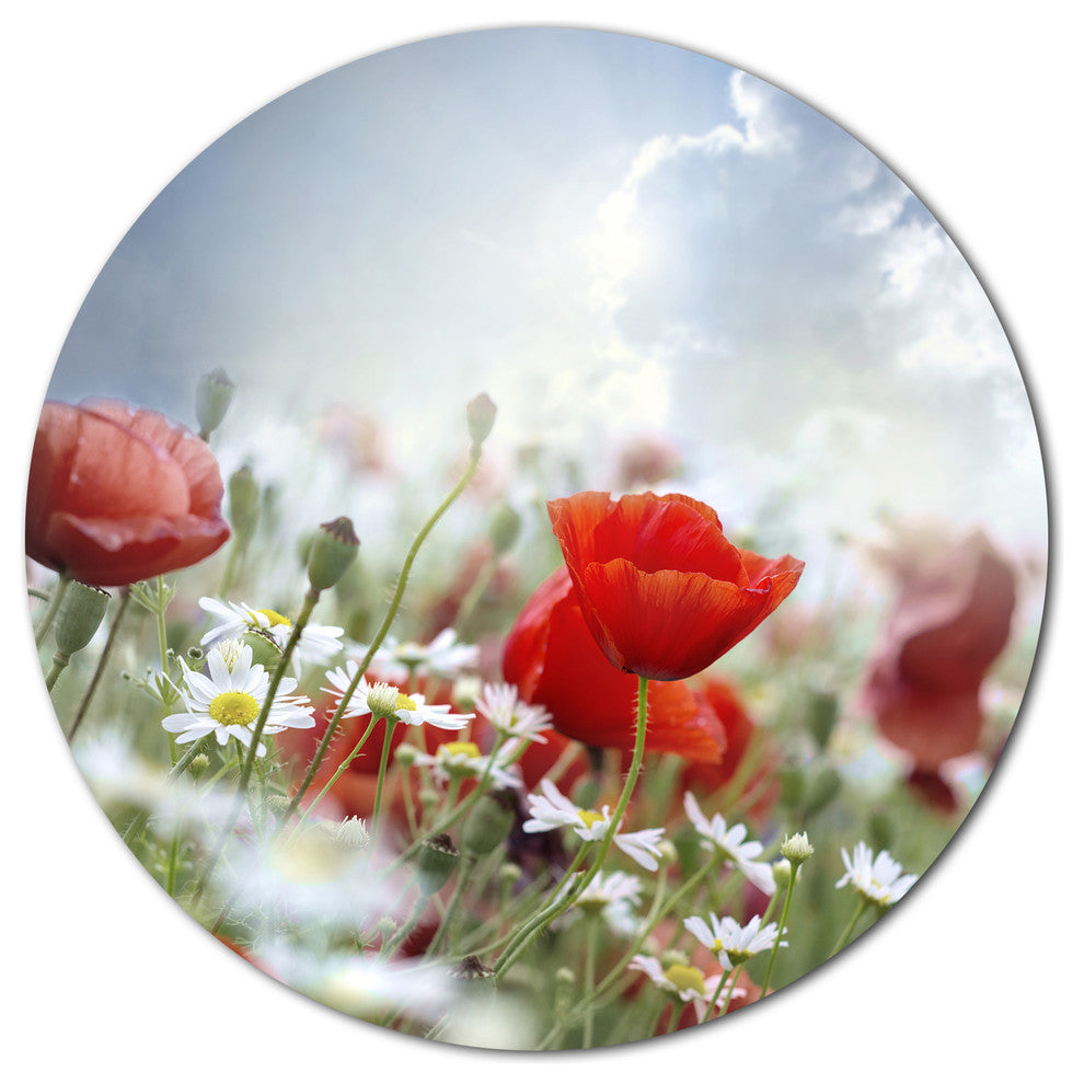Red Poppies On Cloudy Background, Modern Floral Round Wall Art, 11"