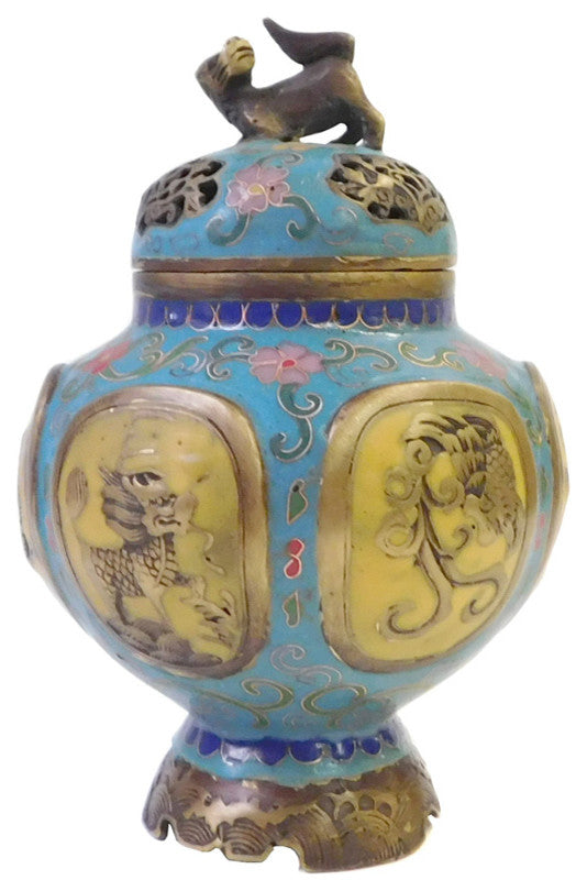 Chinese Metal Blue Yellow Enamel Cloisonne Incense Burner Figure