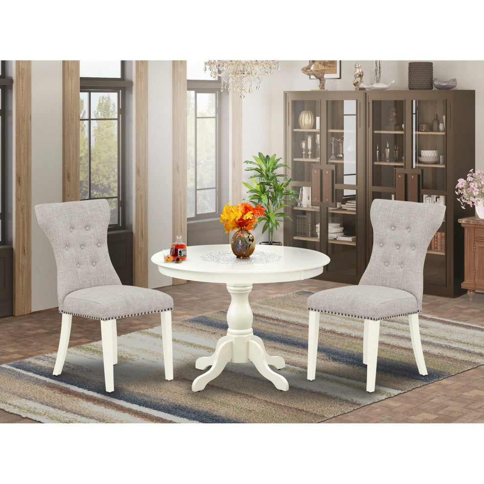 3 Pc Set, Linen White Dinner Table, 2 Doeskin Kitchen Chairs Button Tufted Back