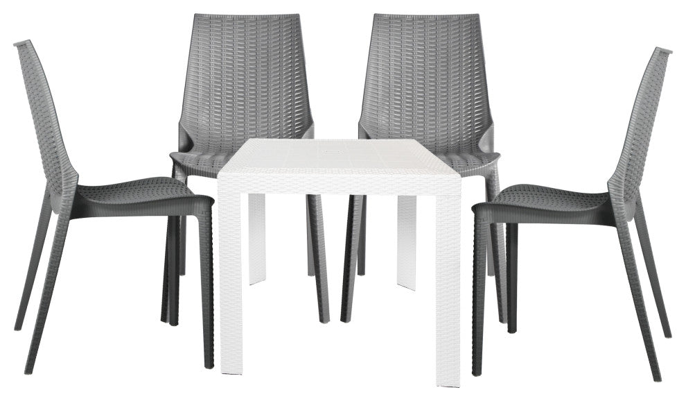 LeisureMod Kent Weave Design 5-Piece Outdoor Patio Dining Set, White/Grey