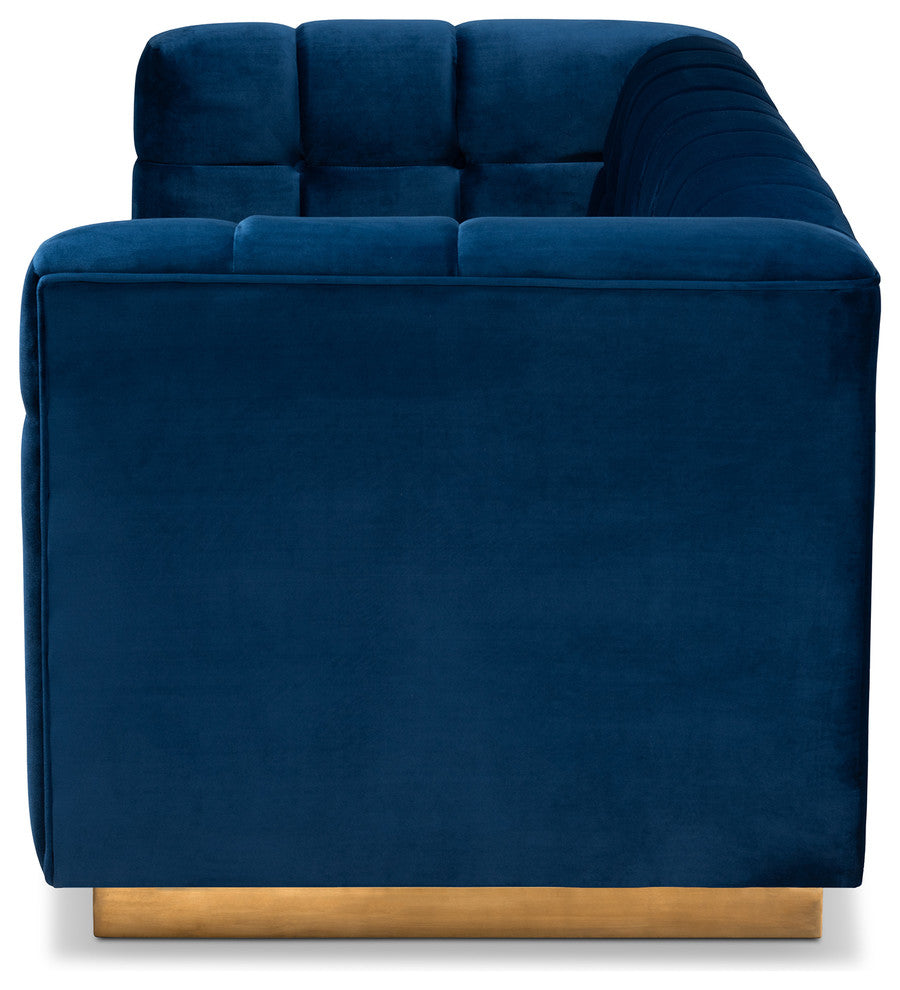 Joetta Glam and Luxe Navy Blue Velvet Fabric Upholstered Brushed Gold Sofa