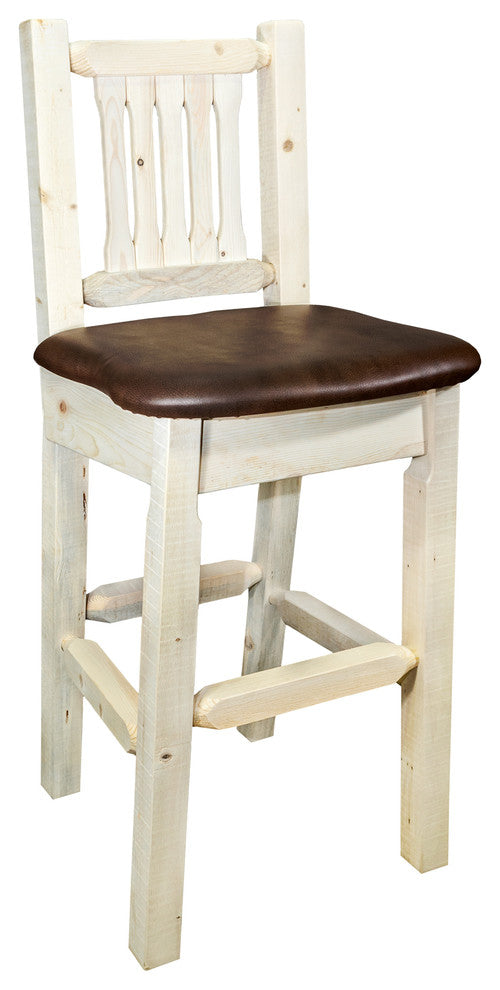 Barstool With Back, Clear Lacquer Finish With Upholstered Seat, Saddle Pattern