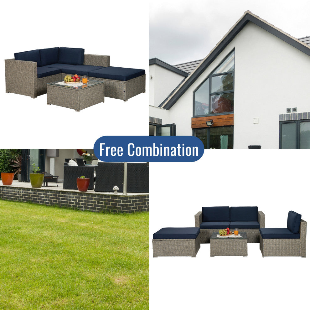 84" Wide Outdoor Wicker Reversible Patio Sectional With Cushions, Navy