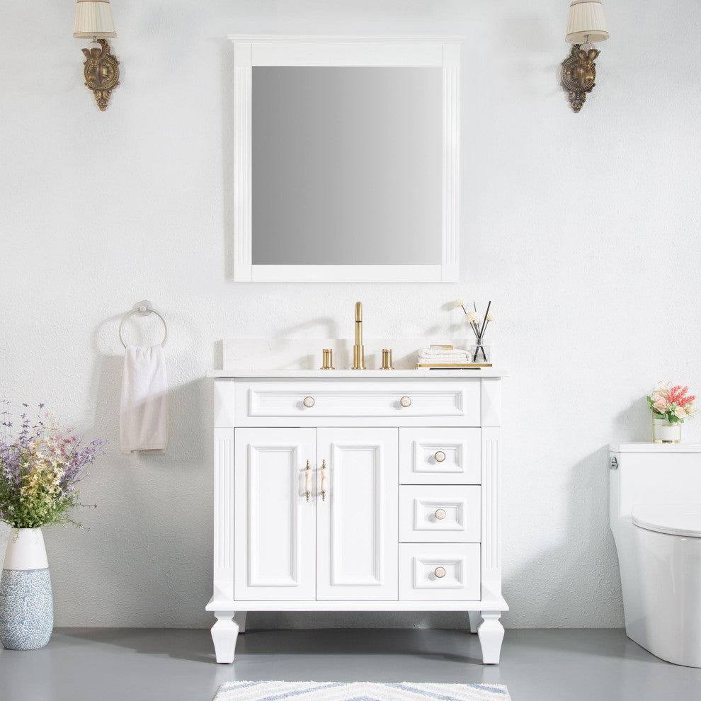 Solid Wood Bathroom Vanity with Quartz Top and cUPC Certified Sink, White, 36 Inch