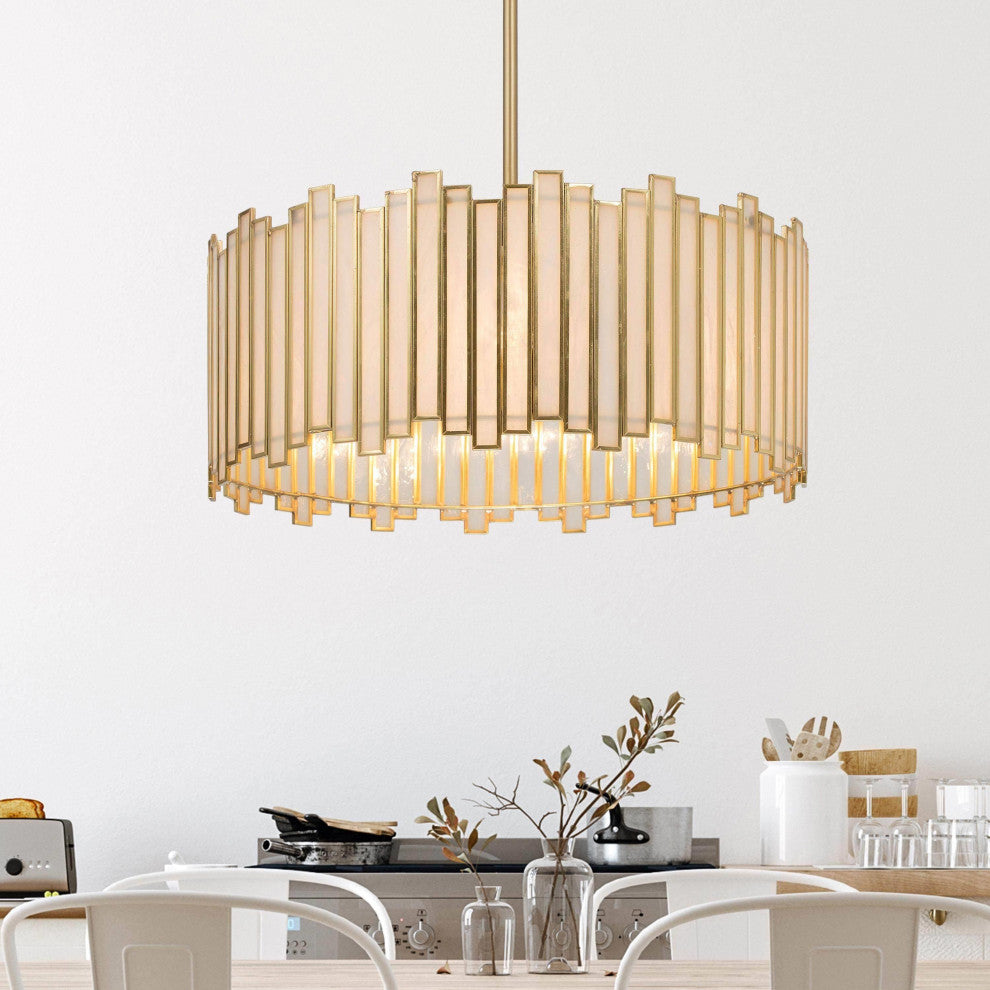 LNC Tiffany 4-Light Modern Drum Glass Chandelier, Gold
