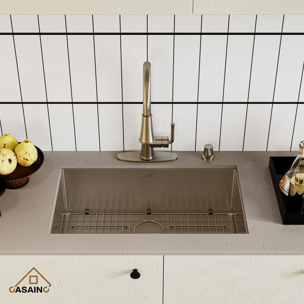 32in Stainless Steel Single Bowl Undermount Workstation Kitchen Sink and Faucet, Brushed Nickel