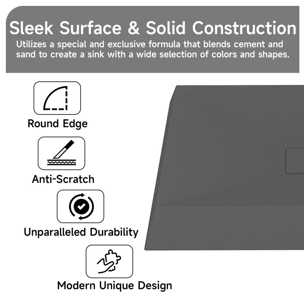 27in Bathroom Concrete Rectangular Vessel Sink with Drainer, Black Earth