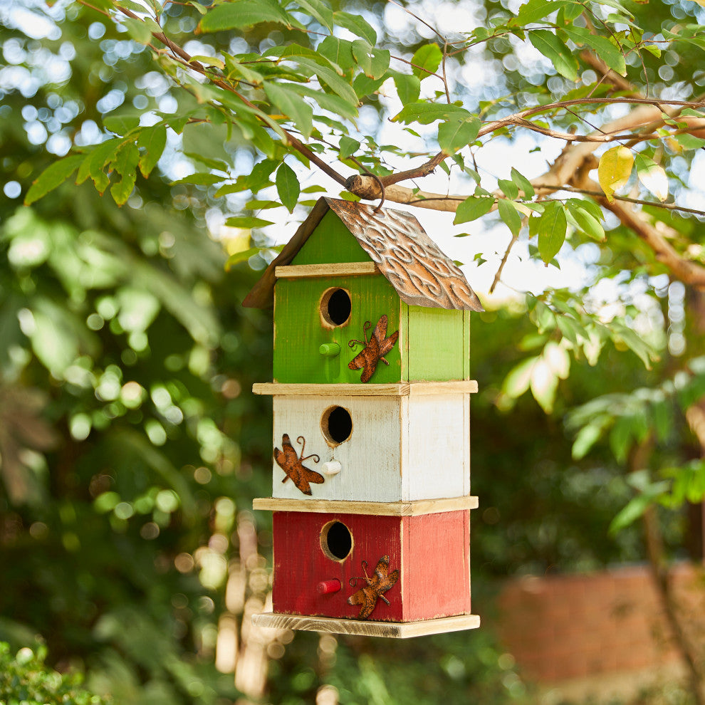 Three-Tiered Distressed Solid Wood Birdhouse