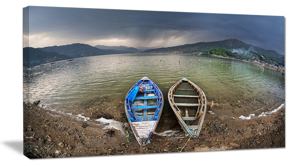 Two Boats near Pokhara Lake, Boat Canvas Art Print, 32"x16"