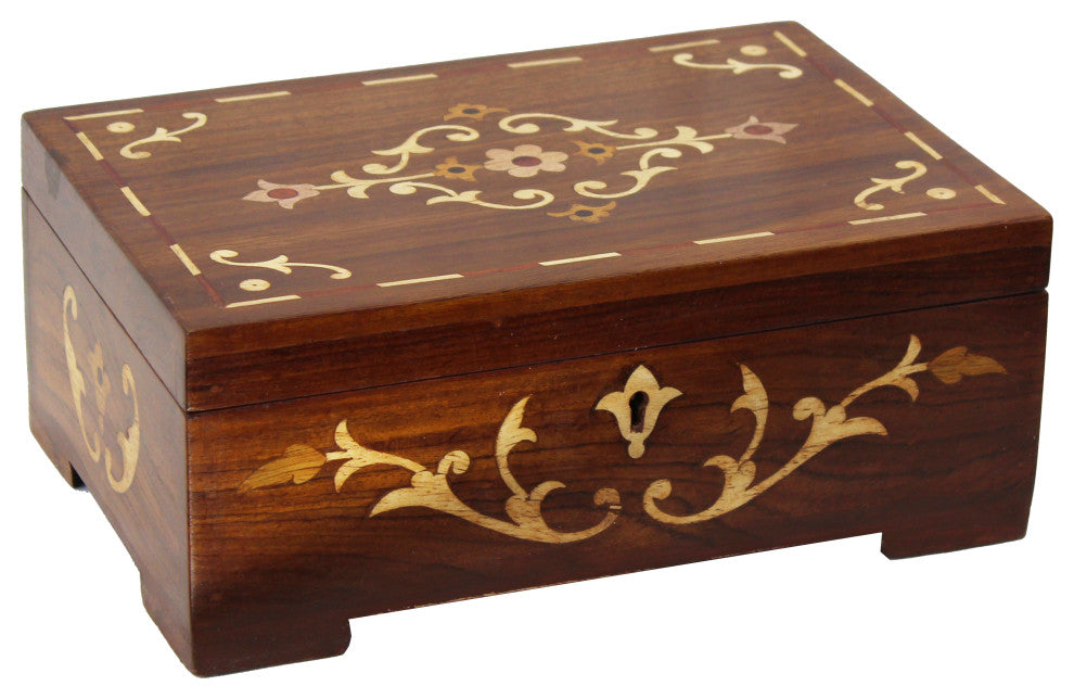 Natural Geo Handmade Rosewood Flower Wooden Decorative Box with Key