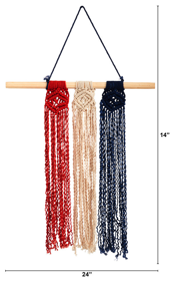 14" x 24" Red White and Blue Americana Macrame Wall Hanging Art Decor