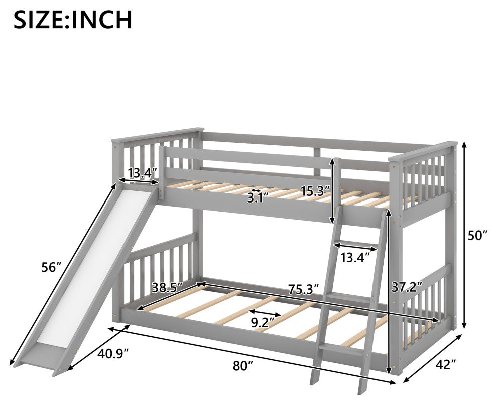 Gewnee Wood Twin Over Twin Bunk Bed with Slide and Ladder in Gray