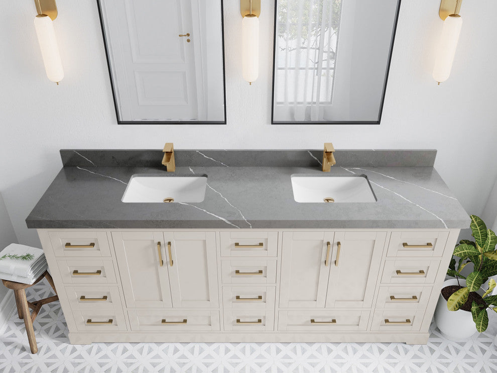 Boston 84" Double Sink Bath Vanity in Fine Grain 2" Piatra Gray
