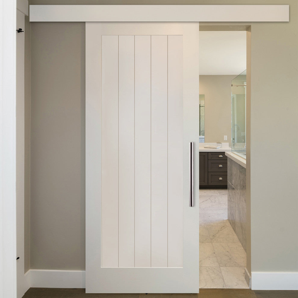 Shaker Wood Sliding Barn Door with 10 different panel designs, Primed White, 30"x84"
