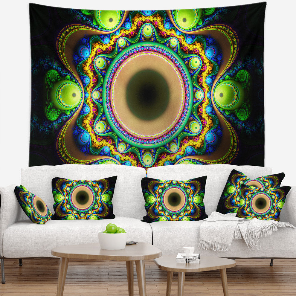 Green Fractal Pattern with Circles Abstract Wall Tapestry, 39"x32"